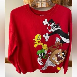 Looney Tunes Sweater Size XL Red All Over Print Bugs Bunny Taz Tweety